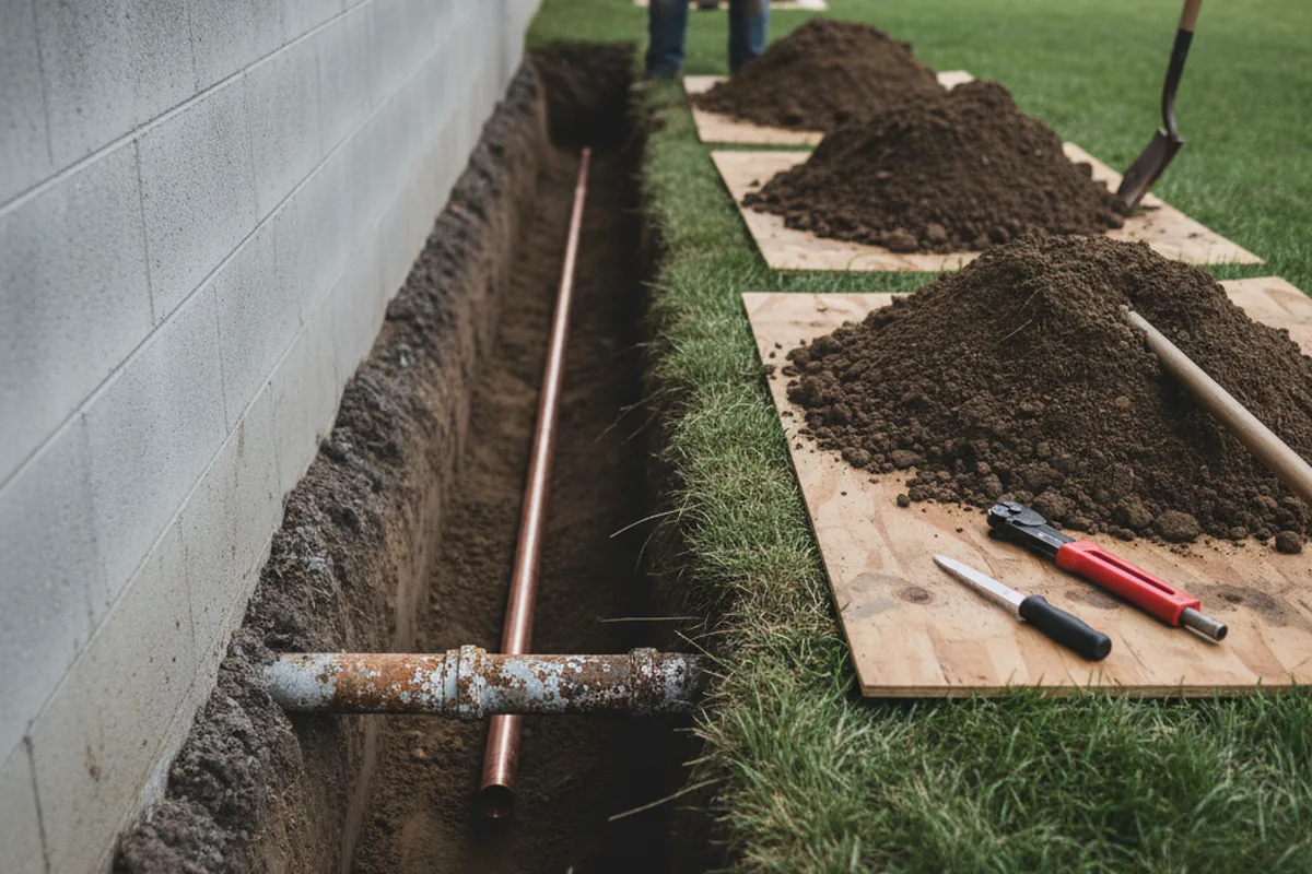 Excavated water line trench during Water Heater Repair in Butler